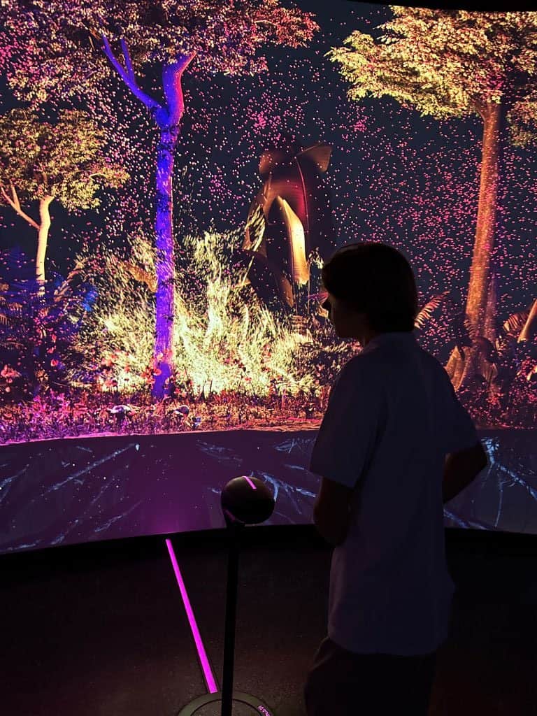 Young man standing in front of a screen of tiny lights that create a night time scene of a futuristic environment with trees and bushes