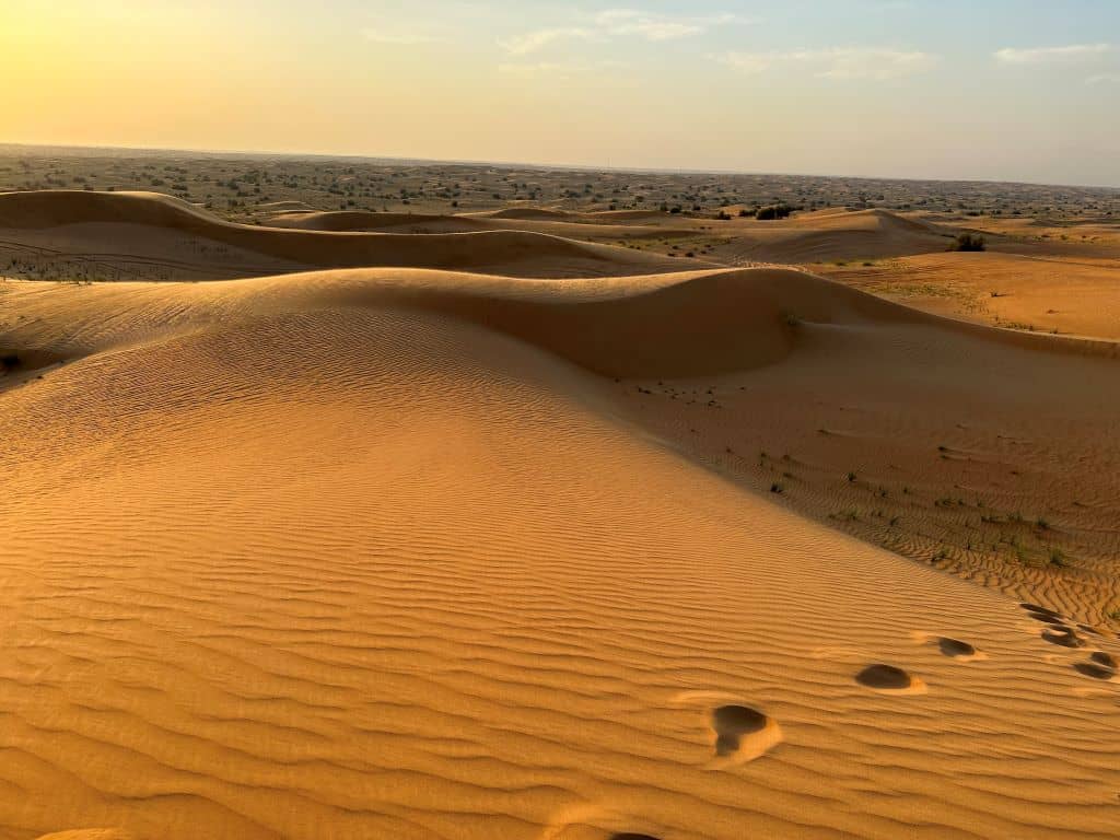 Vast sandy desert dunes with footsteps at sunset.