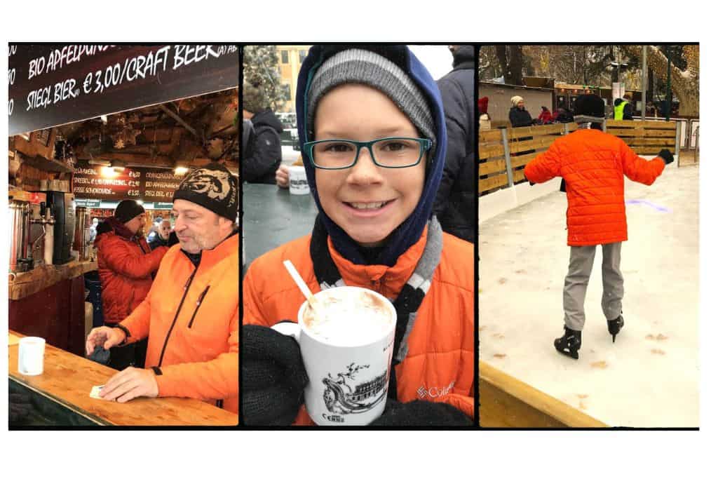 Three images of people enjoying Vienna in winter at a market, with hot chocolate, and by ice skating.