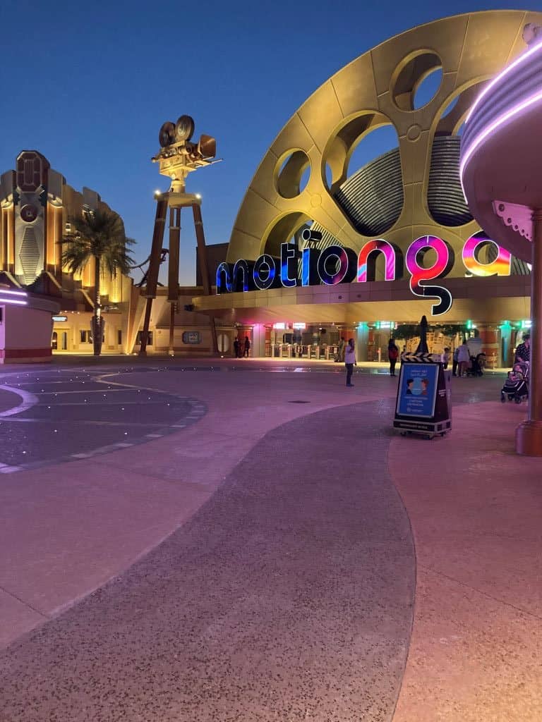 Entrance to Motiongate theme park, at sunset.