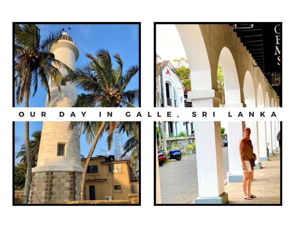 A photo collage of two images of the town of Galle, in Sri Lanka. One image shows a white lighthouse, and the other shows a woman standing in an arcade of white rounded arches.
