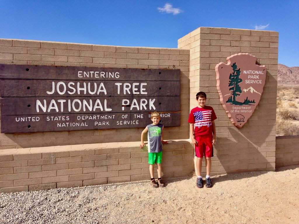 Two young boys standing in front of the Joshua Tree National Park entrance.