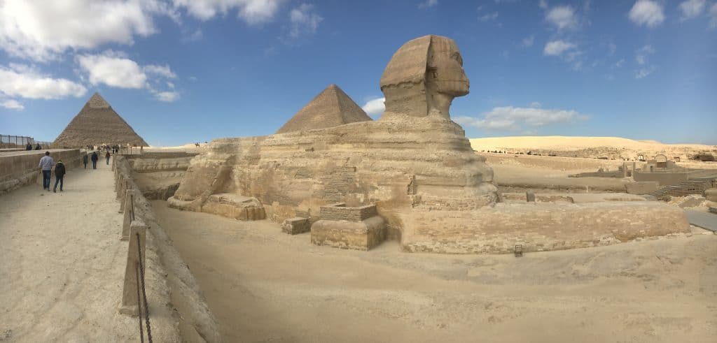 The Sphinx and Great Pyramid on the Giza Plateau in Cairo Egypt.