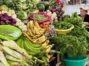 Vegetables and fruits piled up at a market stall in a Quito market.