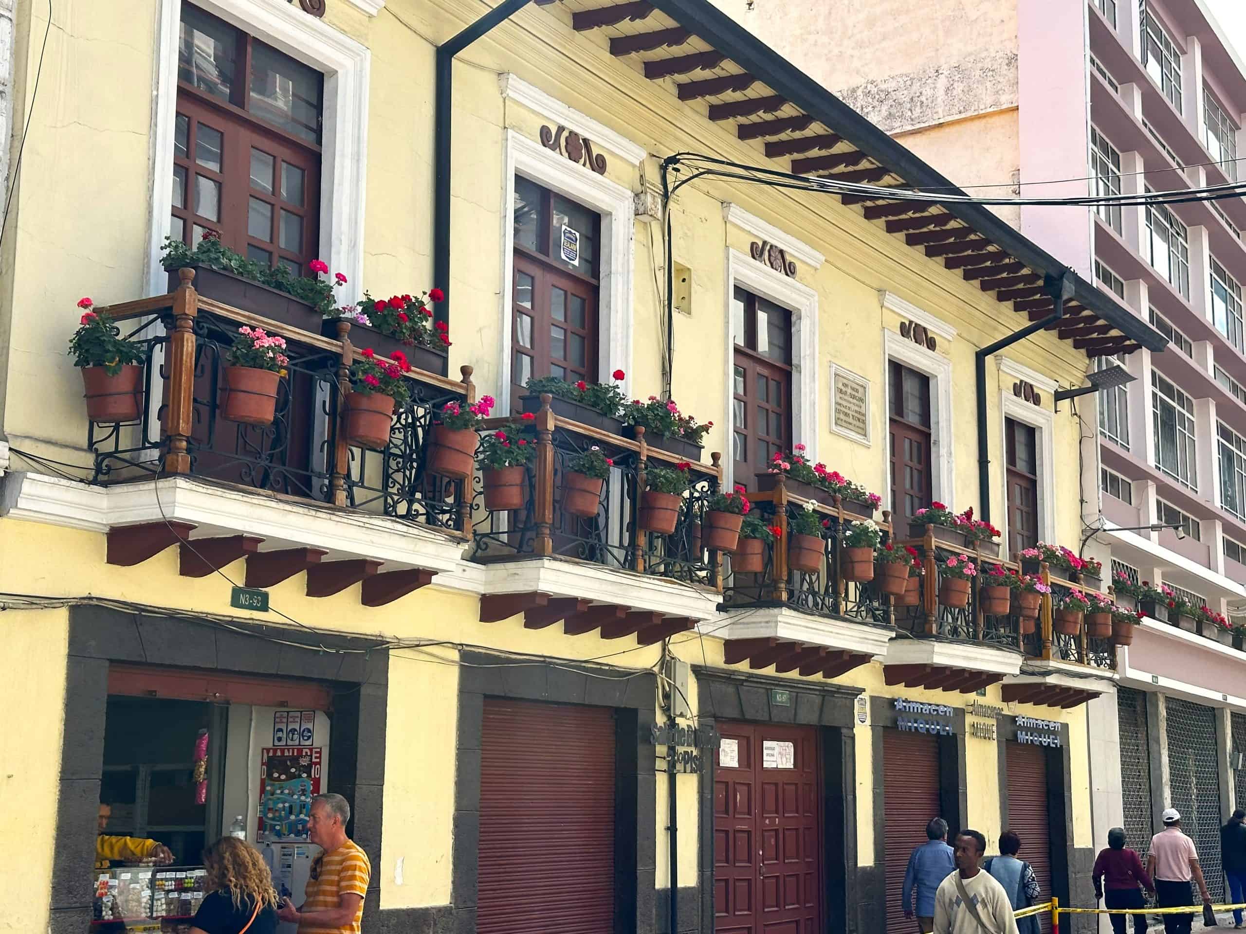 The exterior of a colonial building in Quito, Equador.