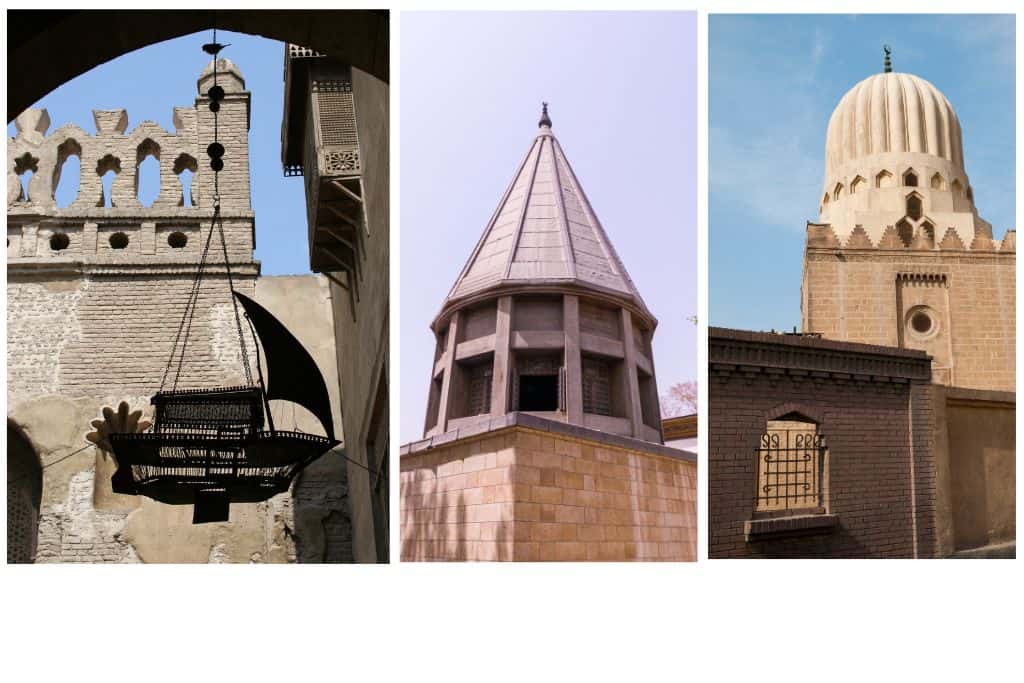A 3-photo collage of Hidden Gems in Cairo. The left shows the exterior of a stone building, the middle image shows a pointed roof above a solid brick building, and the third shows a dome of a mosque. There is white space beneath all images.