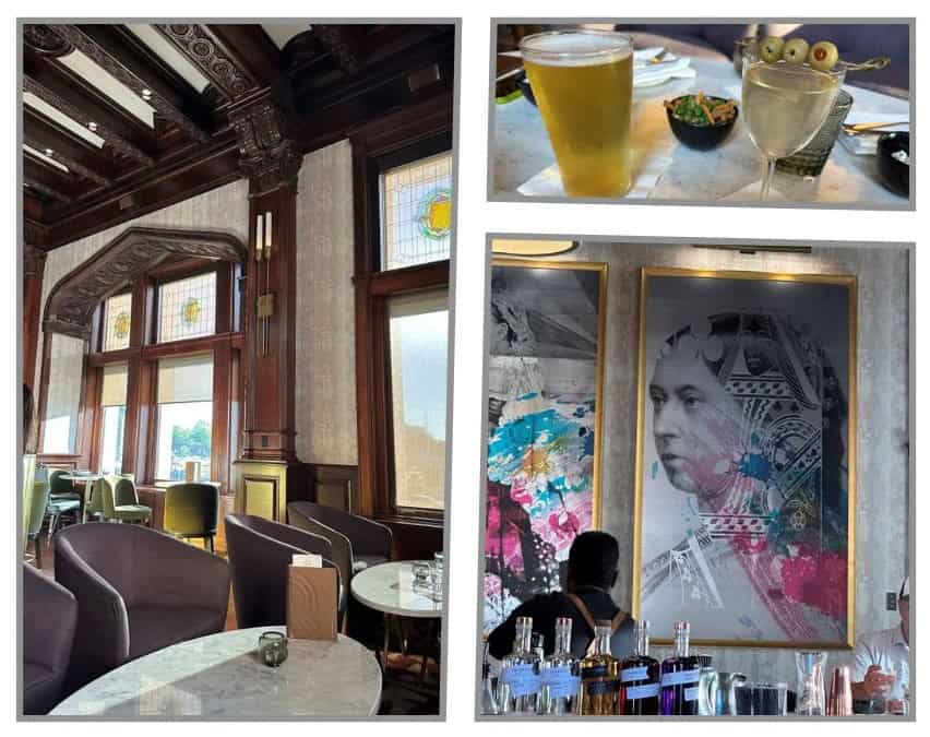 3 images from inside a bar at the Empress Hotel in Victoria. One shows the windows, another shows two drinks on a marble table, and the last shows a framed artistic impression of Queen Victoria in a gold frame.