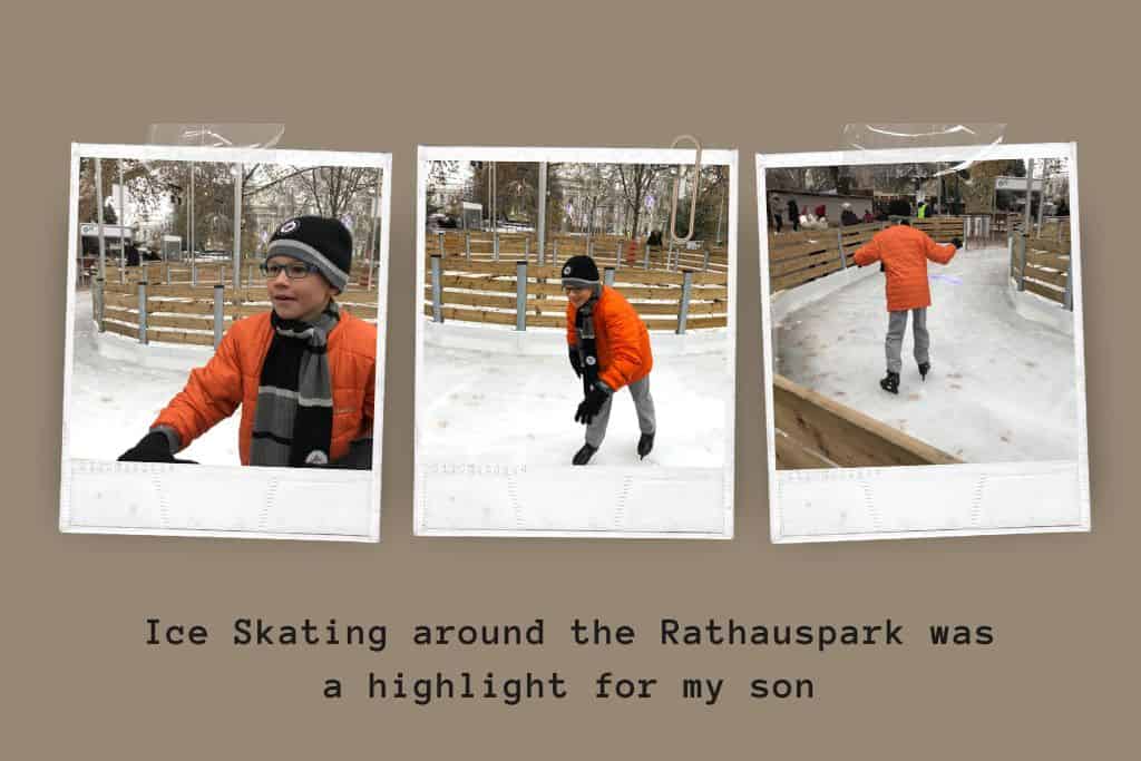 3-photo collage of a young boy learning to ice skate in Vienna at Christmas time. "Ice Skating around the Rathauspark was a highlight for my son".
