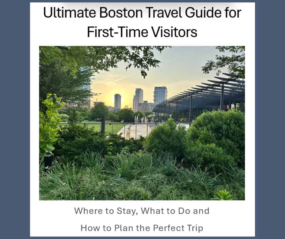 The front cover of a travel guide for Boston with an image of a park with buildings in the background at sunset. Text: Ultimate Boston Travel Guide for First-Time Visitors. Where to Stay, What to Do and How to Plan the Perfect Trip.