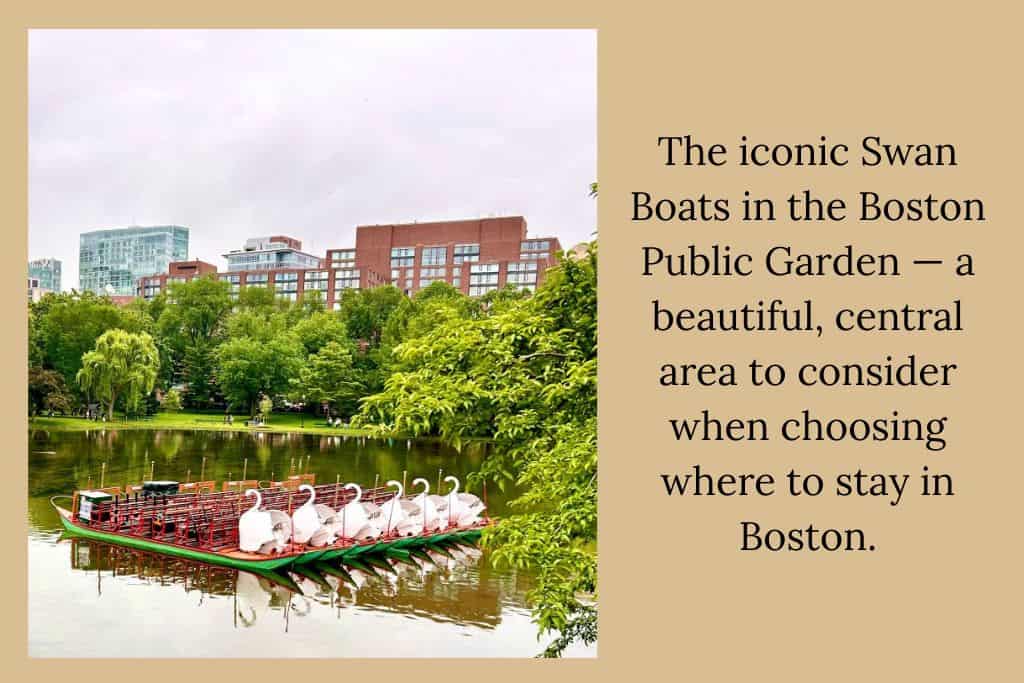 Swan Boats on the lagoon in the Boston Public Garden, a scenic area often recommended when deciding where to stay in Boston for first-time visitors.