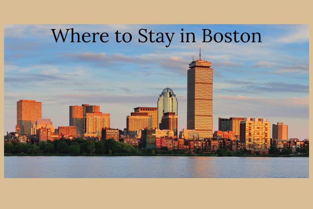 Boston skyline at sunset along the Charles River, highlighting popular neighborhoods and areas to consider when deciding where to stay in Boston.
