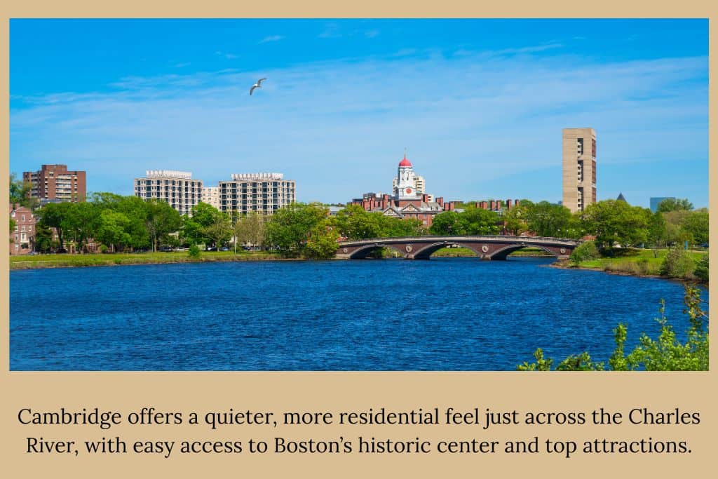 Charles River view with the skyline of Cambridge, showing residential buildings, green spaces, and a bridge connecting Cambridge and Boston.