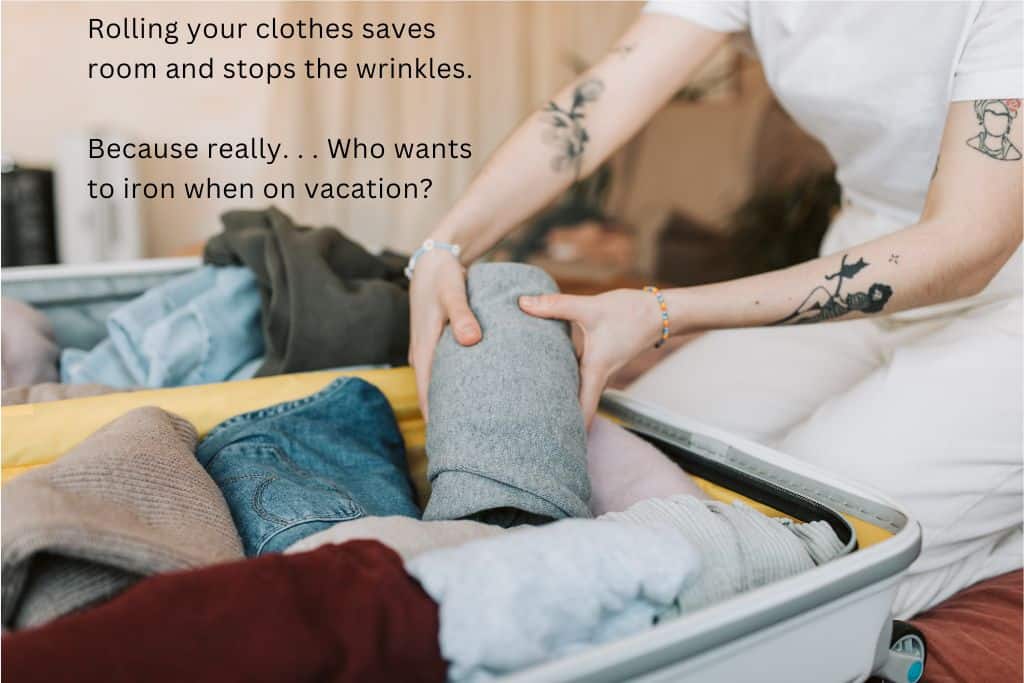 Person rolling clothes into a suitcase to save space, with overlay text about packing hacks and avoiding wrinkles on vacation. 