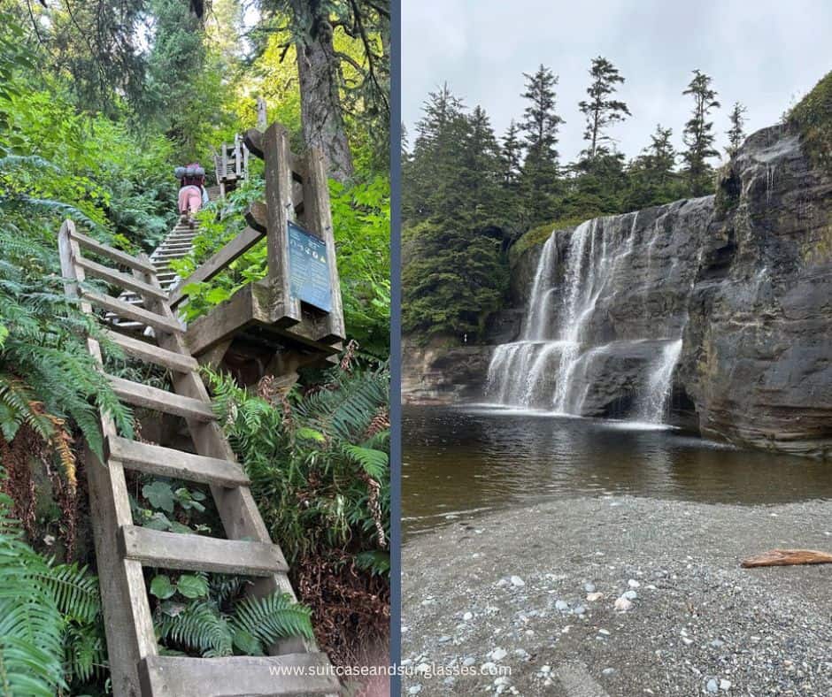 Two images, side by side, from the West Coast Trail hike. One shows several ladders going up a steep, heavily foliaged embankment. The other shows a scenic waterfall emptying into a calm pool of green-brown water next to a rocky shoreline.