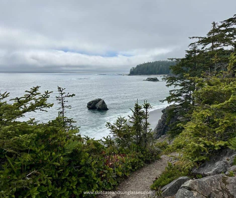 A scenic image of a rugged pathway leading through trees and bushes to a remote beach. Boulders lie in the water and a peninsula is in the distance. Grey clouds.
